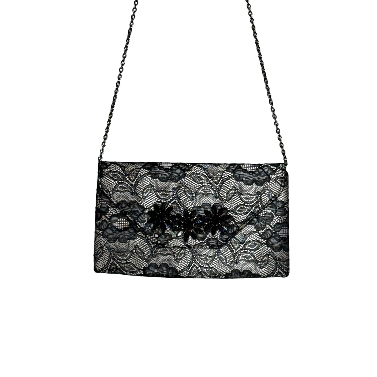 Jessica Mcclintock Black Lace Crystal Embellished Evening Clutch Chain Bag